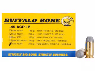 buffalo bore outdoorsman 45 acp +p ammo 255 grain flat nose box of 20 buffalo bore outdoorsman 45 acp +p ammo 255 grain flat nose box of 20