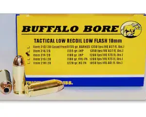buffalo bore tactical low recoil 10mm auto ammo 180 grain jacketed hollow point box of 20