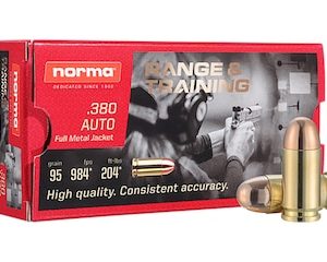 norma range & training 380 acp ammo 95 grain full metal jacket box of 50
