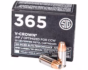 sig sauer 365 elite performance 9mm luger ammo 115 grain sig v crown jacketed hollow point box of 20
