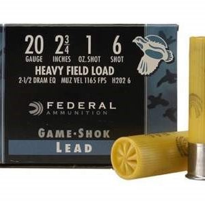 federal 20 gauge h2026 game shok heavy field load ammunition 2 3/4" 1 oz #6 shot 1165fps 250 rounds