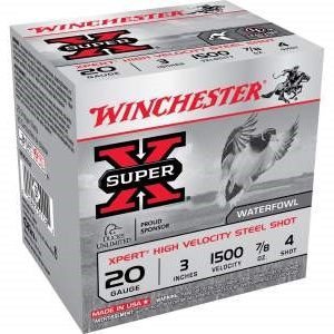 winchester 20 gauge xpert high velocity ammunition wex2034 3" 7/8 oz #4 non toxic plated steel shot case 1500fps 250 rounds